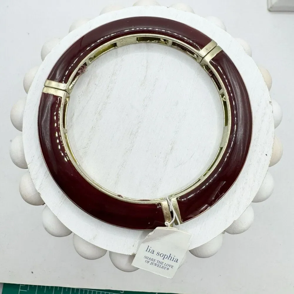 Lia Sophia NEW Burgundy Enamel Stretch Bangle Bracelet Fall Autumn Gold Tone